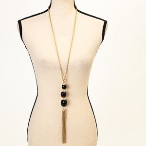 R.J. Graziano drop necklace tassel necklace large beads black with gold tone